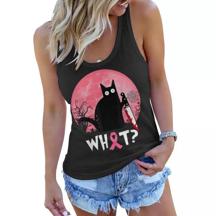 Breast Cancer Black Cat What Halloween Cat With Knife  Women Flowy Tank