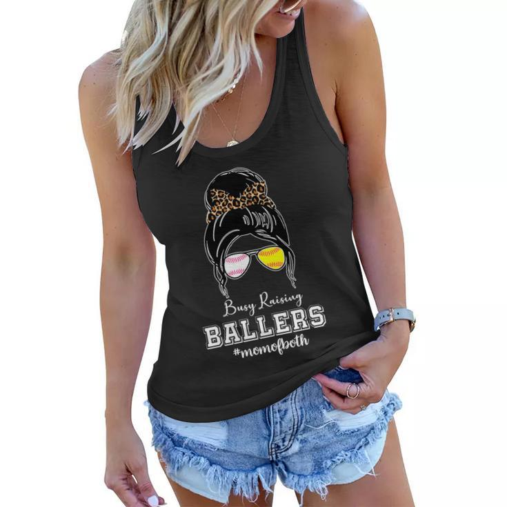 Busy Raising Ballers Mom Of Both Baseball Softball Messy Bun Sticker Features De Women Flowy Tank