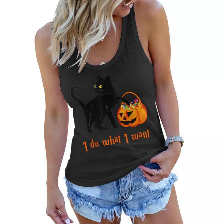 Cat I Do What I Want Halloween Candy Pumpkin Bag Black Cat  Women Flowy Tank