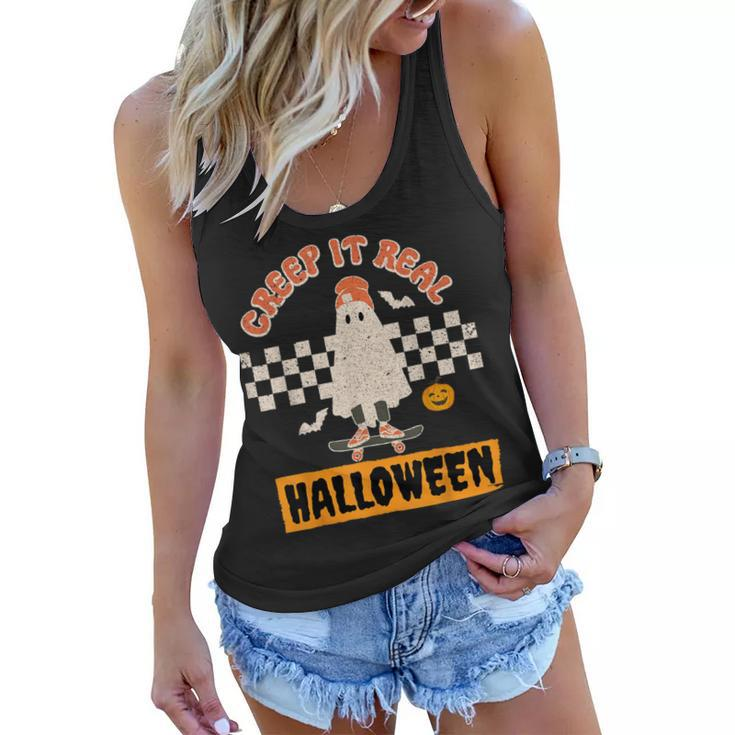Creep It Real Retro Halloween Funny Ghost Skateboarding  Women Flowy Tank