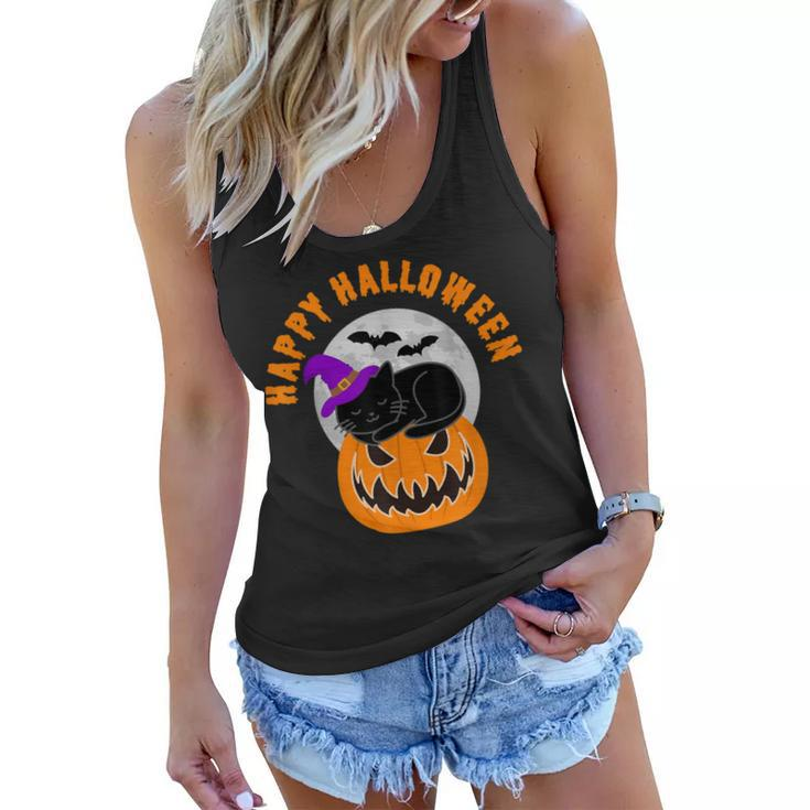Cute Black Cat Witch Scary Pumpkin Happy Halloween  Women Flowy Tank
