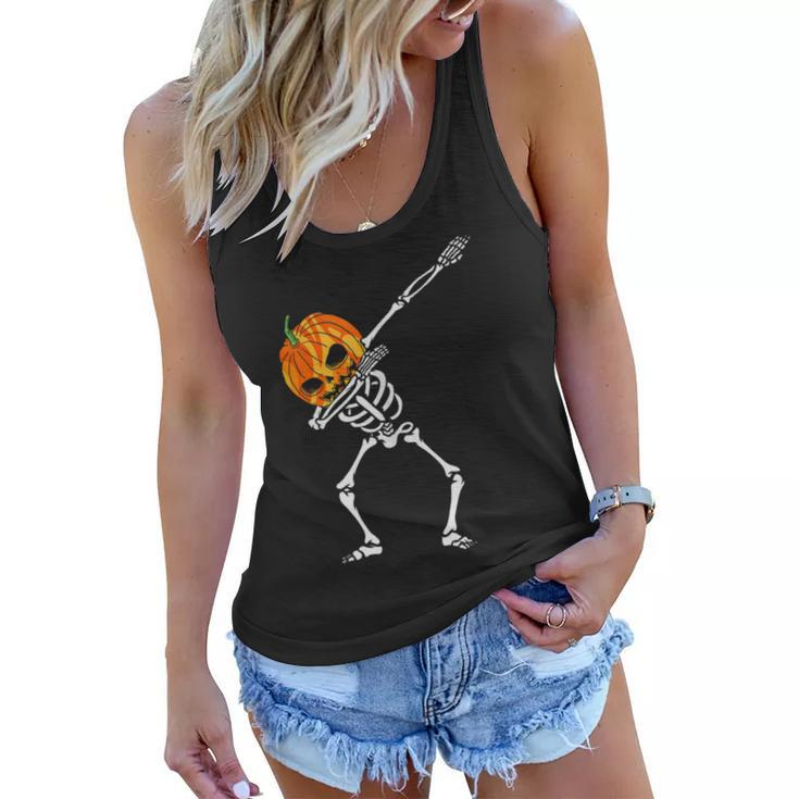 Dabbing Skeleton Pumpkin Head - Halloween Dancing Skeleton  Women Flowy Tank