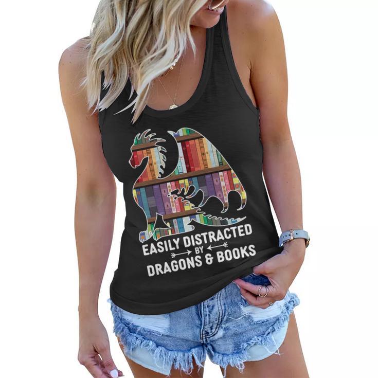 Easily Distracted By Dragons And Books Fantasy Book Lover Women Flowy Tank