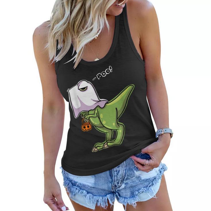 Funny Dinosaur Dressed As Halloween Ghost For Trick Or Treat Women Flowy Tank