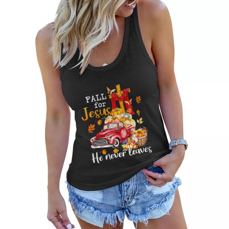 Funny Fall For Jesus He Never Leaves Autumn Christian Graphic Design Printed Casual Daily Basic Women Flowy Tank