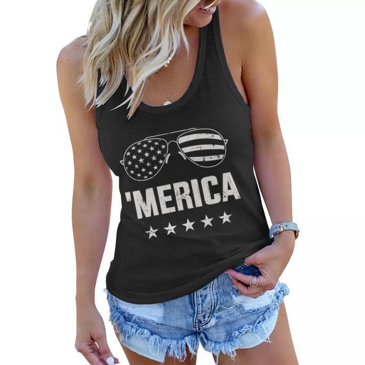 Funny Merica With Sunglasses And Flag For 4Th Of July Women Flowy Tank