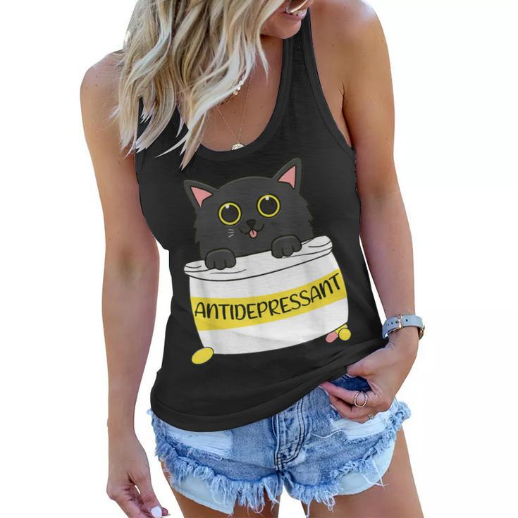 Fur Antidepressant Cute Black Cat Illustration Pet Lover  Women Flowy Tank