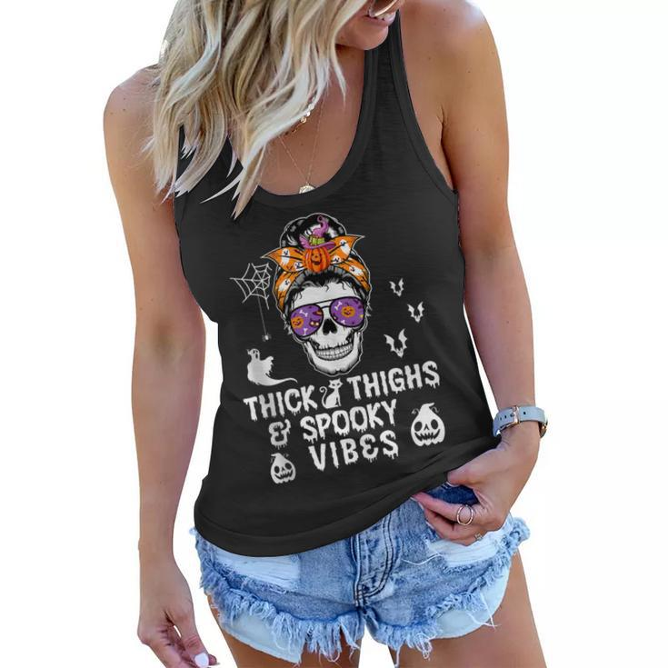Halloween Skull Messy Bun Thick Thighs And Spooky Vibes  Women Flowy Tank