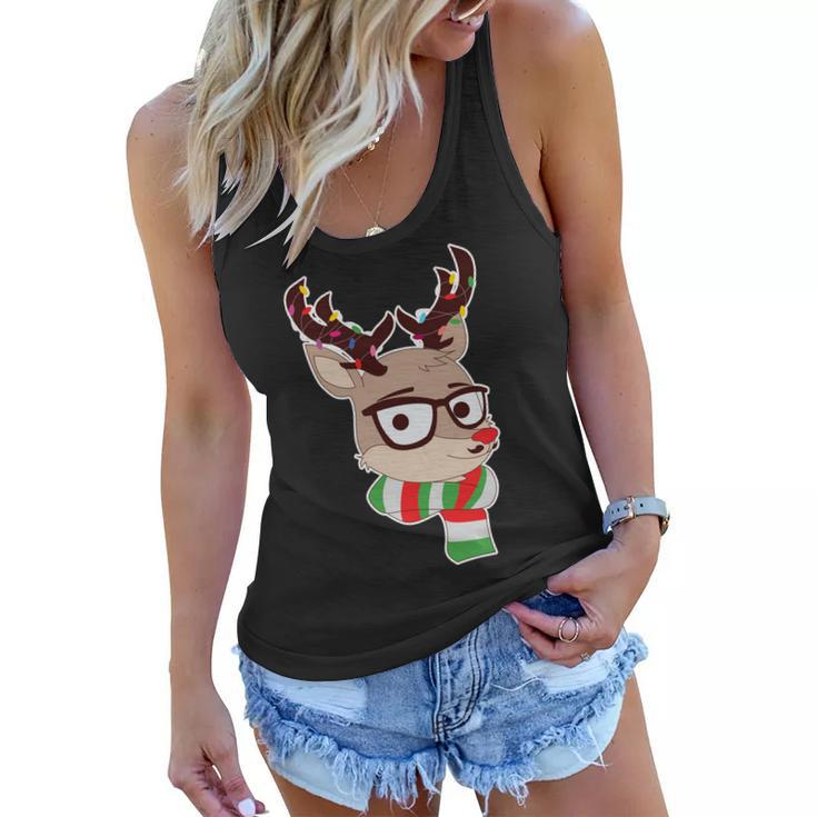 Hipster Red Nose Reindeer Christmas Lights Graphic Design Printed Casual Daily Basic Women Flowy Tank