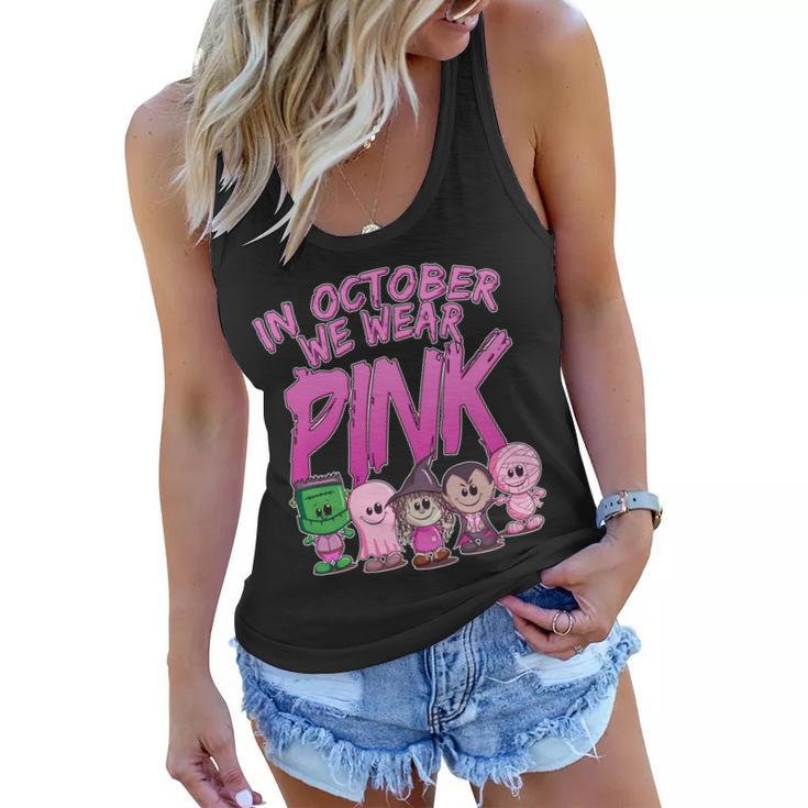 In October We Wear Pink Breast Cancer Halloween Monsters Women Flowy Tank