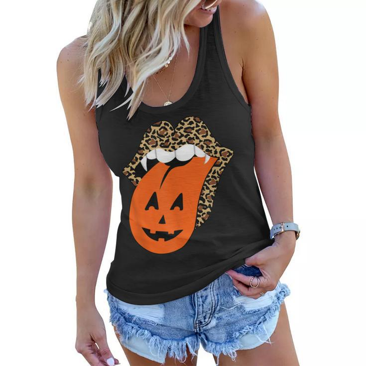 Leopard Lips Halloween Lips Vampire Mouth Pumpkin Tongue  V3 Women Flowy Tank