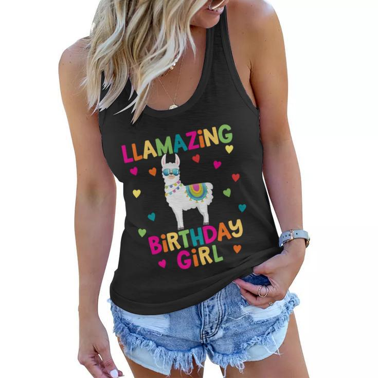 Llama Birthday Party Llamazing Gift Girl Rainbow Hearts Gift Women Flowy Tank