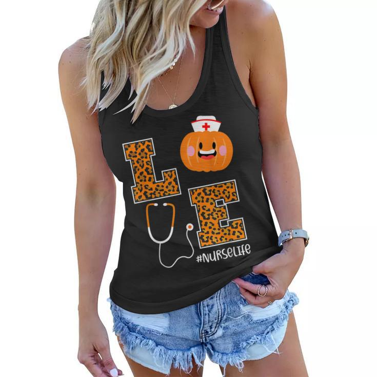 Love Nurse Life Pumpkin Leopard Fall Halloween Nurses  Women Flowy Tank