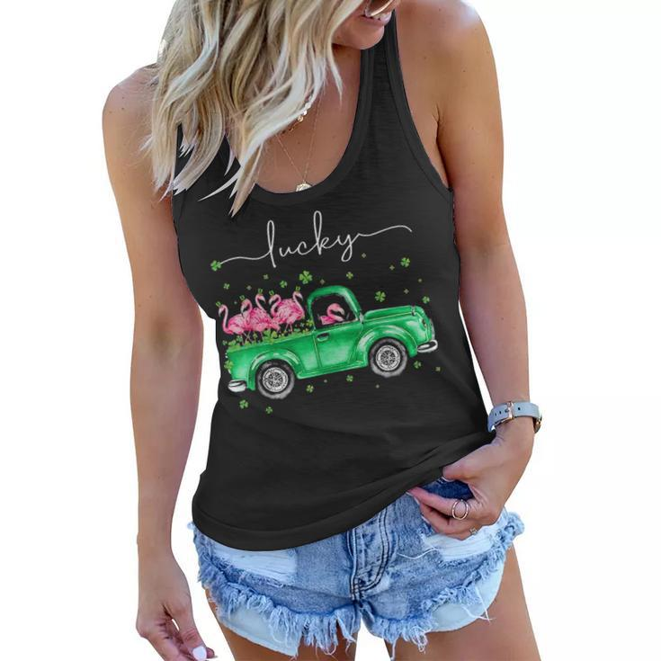 Lucky Flamingo Riding Green Truck Shamrock St Patricks Day Graphic Design Printed Casual Daily Basic Women Flowy Tank