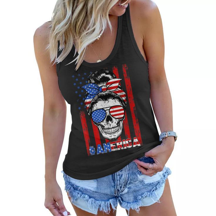 Messy Bun Skull America Flag Glasses 4Th Of July Patriotic  Women Flowy Tank