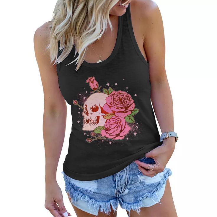 Pink Roses Skull Tattoo Women Flowy Tank