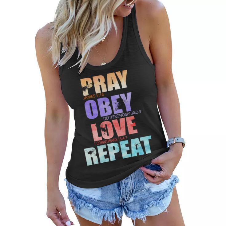 Pray Obey Love Repeat Christian Bible Quote Women Flowy Tank
