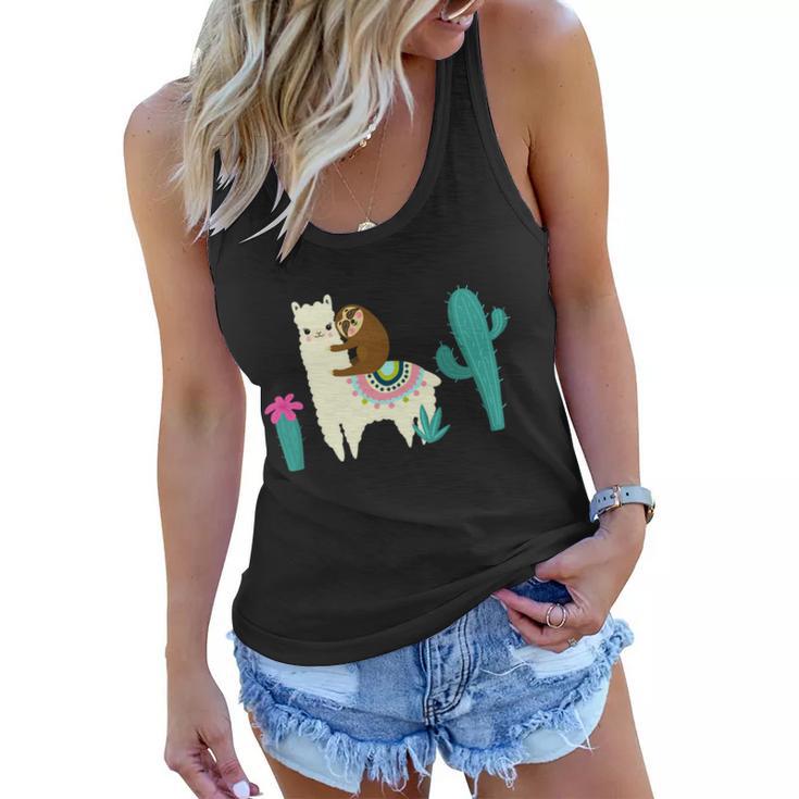 Sloth Riding Llama Funny Cactus Tshirt Women Flowy Tank