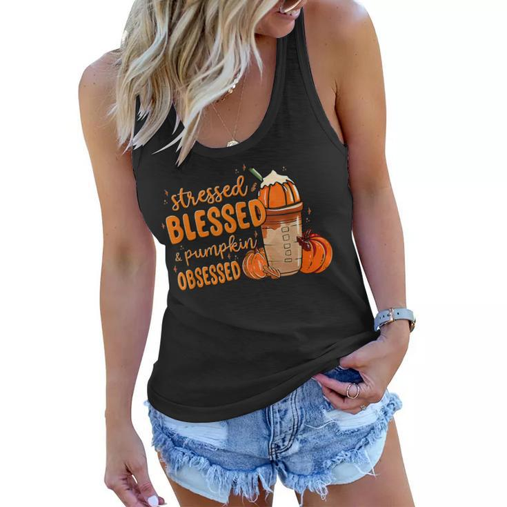 Stressed Blessed And Pumpkin Obsessed Fall Autumn   Women Flowy Tank