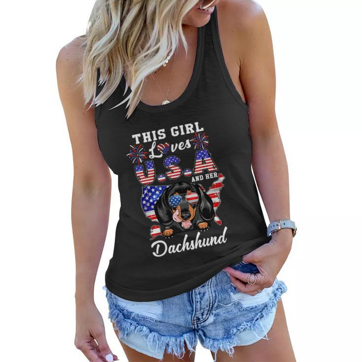 This Girl Loves Usa And Her Dog 4Th Of July Dachshund Dog Women Flowy Tank
