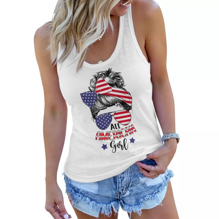 All American Girl Messy Bun Usa Flag Patriotic 4Th Of July  V2 Women Flowy Tank