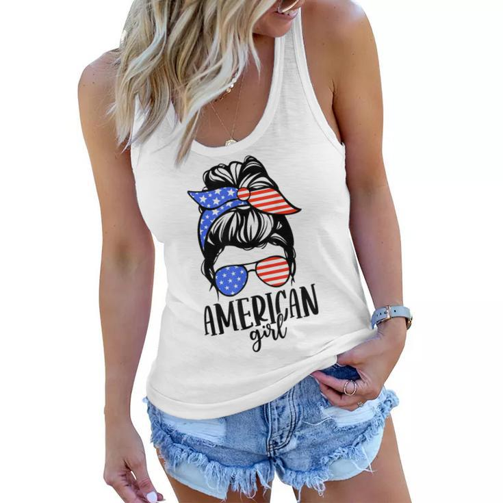 American Girl Messy Hair Bun Usa Flag Patriotic 4Th Of July  Women Flowy Tank