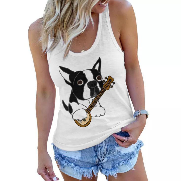 Funny Boston Terrier Dog Playing Banjo Women Flowy Tank
