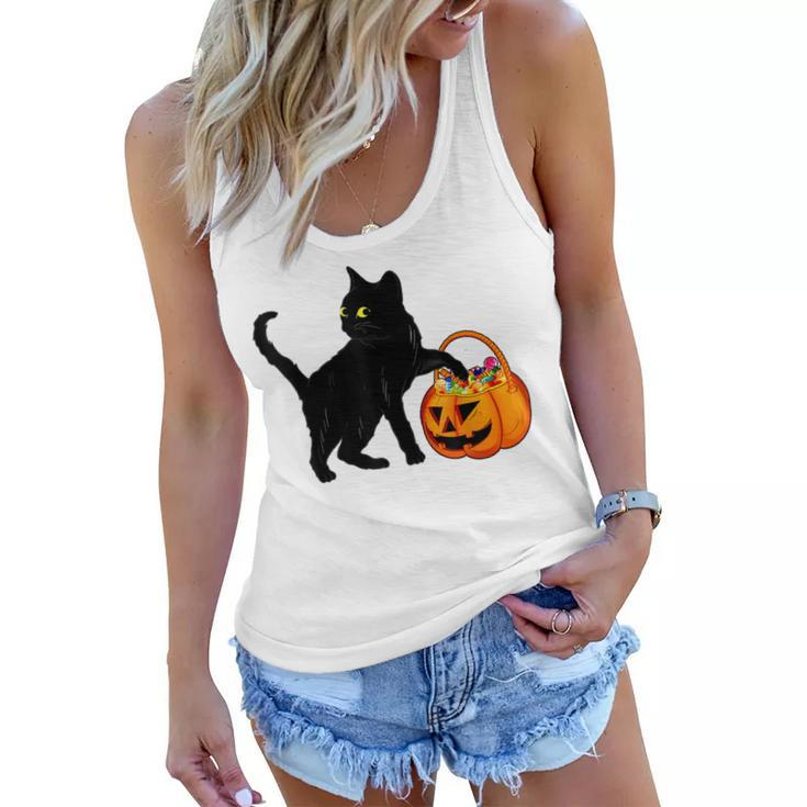 Halloween Black Cat Jack O Lantern Pumpkin Sweet Candy  Women Flowy Tank