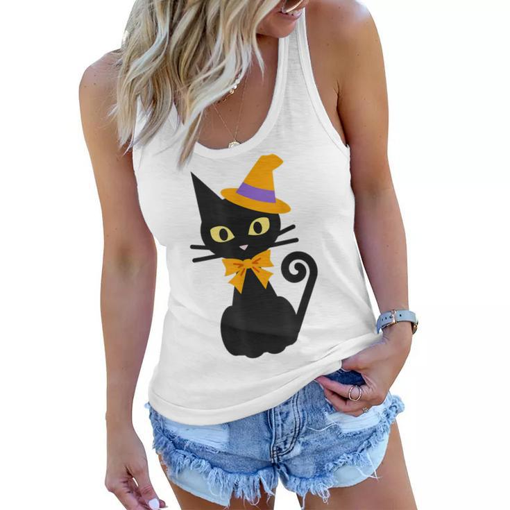Halloween Black Cat With Hat And Bow Japanese Funny  Women Flowy Tank