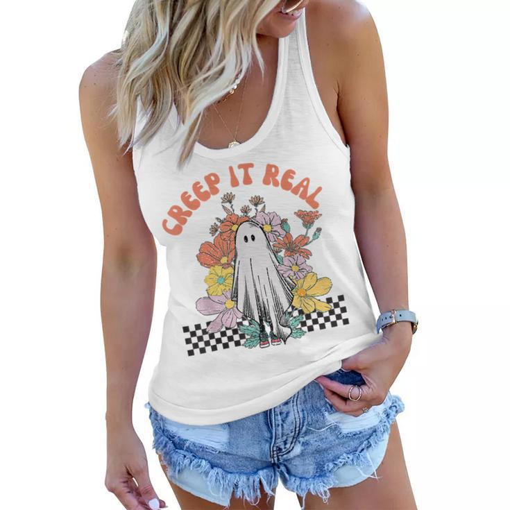 Halloween Costume Retro Creep It Real Ghost With Flowers  Women Flowy Tank