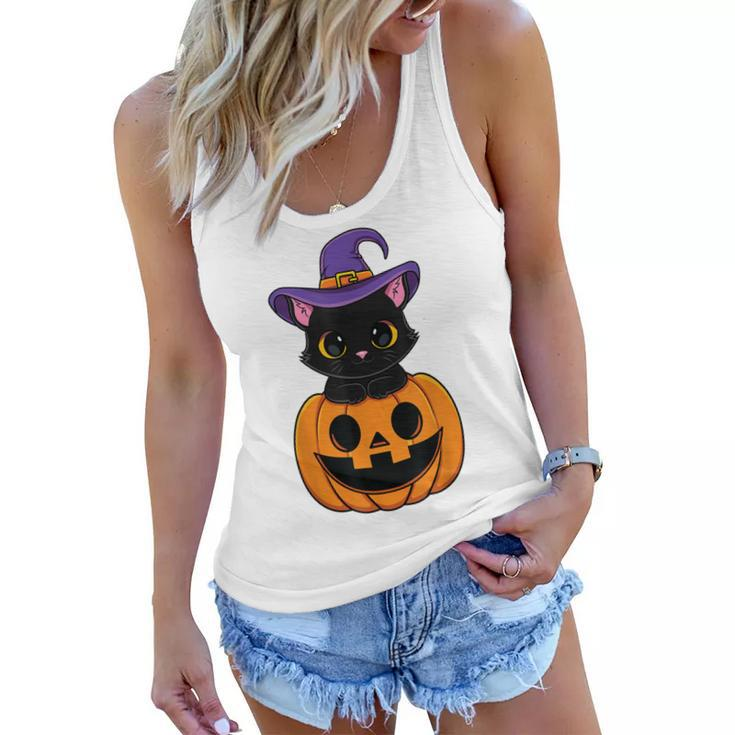 Halloween Cute Black Cat Witch Hat Pumpkin For Kids Girls  Women Flowy Tank