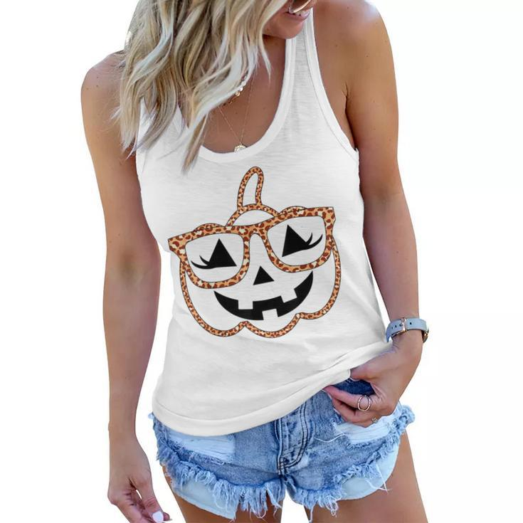 Jack O Lantern Face Pumpkin Halloween Leopard Print Glasses  V4 Women Flowy Tank