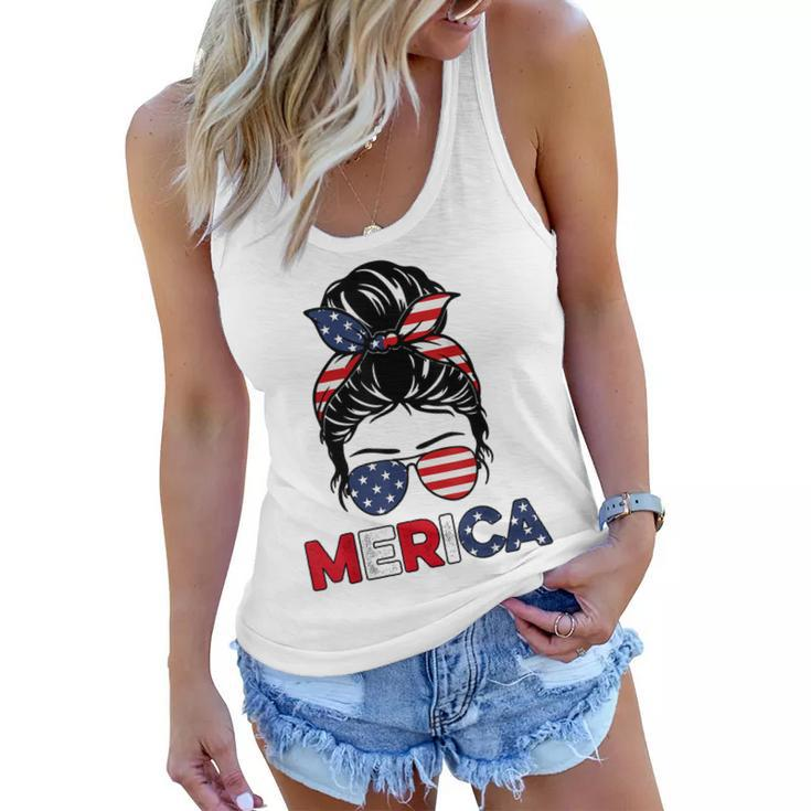 Merica Mom Girl American Flag Messy Bun Hair 4Th Of July Usa  V2 Women Flowy Tank
