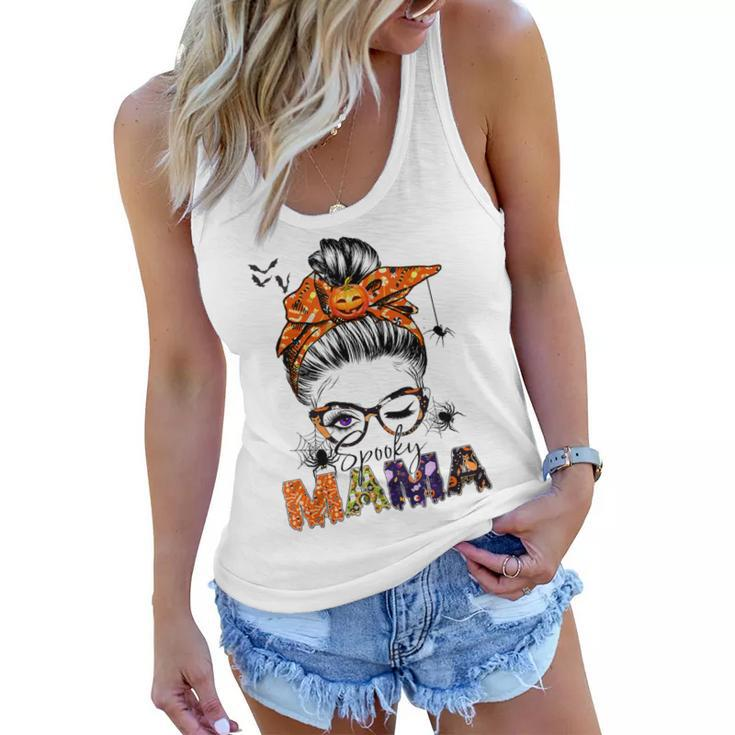 One Spooky Mama For Halloween Messy Bun Mom Monster Bleached  V2 Women Flowy Tank