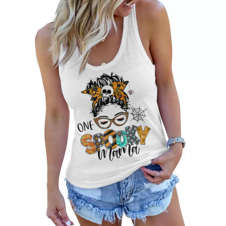One Spooky Mama For Halloween Messy Bun Mom Monster Bleached  V4 Women Flowy Tank