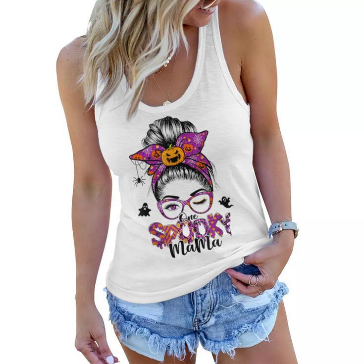 One Spooky Mama For Halloween Messy Bun Mom Monster Bleached  V6 Women Flowy Tank