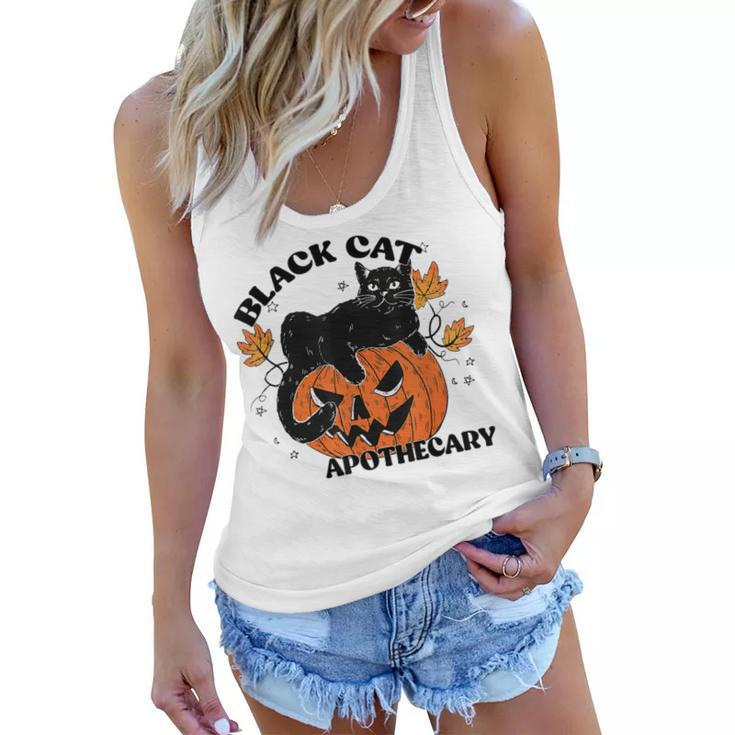 Retro Black Cat Apothecary And Pumpkin Halloween Vintage  Women Flowy Tank