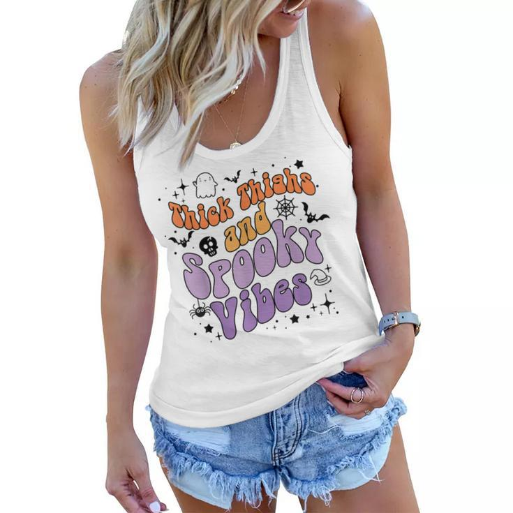 Retro Groovy Thick Thighs And Spooky Vibes Funny Halloween  Women Flowy Tank