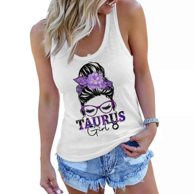 Taurus Girl Birthday Messy Bun Hair Purple Floral   Women Flowy Tank