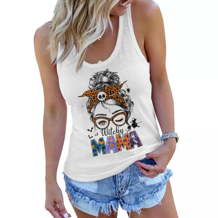 Witchy Mama Halloween Messy Bun Skull Witch Mom Women Spooky  Women Flowy Tank