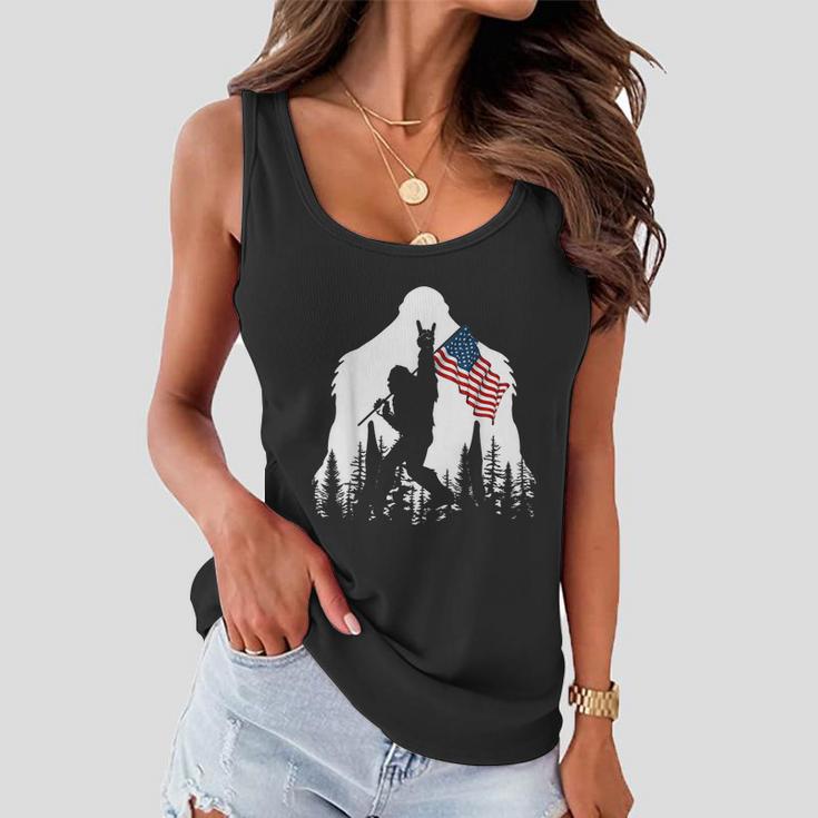 Bigfoot Rock On Hold American Flag Sasquatch Believers Women Flowy Tank