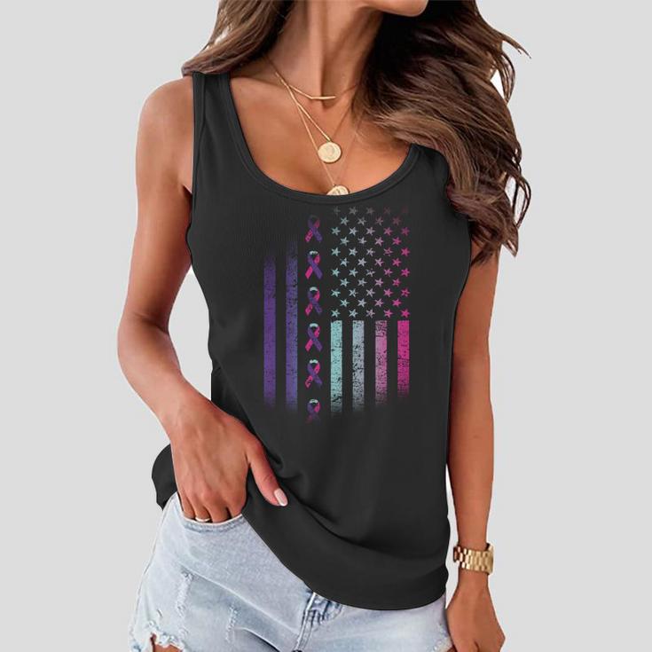 Blue Pink Teal Ribbon Flag Thyroid Cancer Awareness Women Flowy Tank