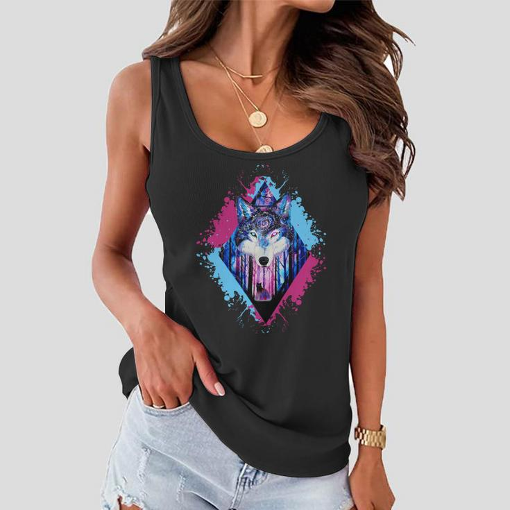 Colorful Wolf Painting Wolves Lover Women Flowy Tank