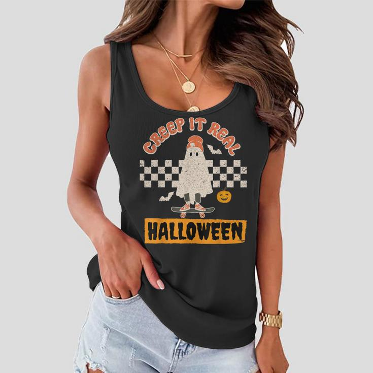 Creep It Real Retro Halloween Funny Ghost Skateboarding Women Flowy Tank