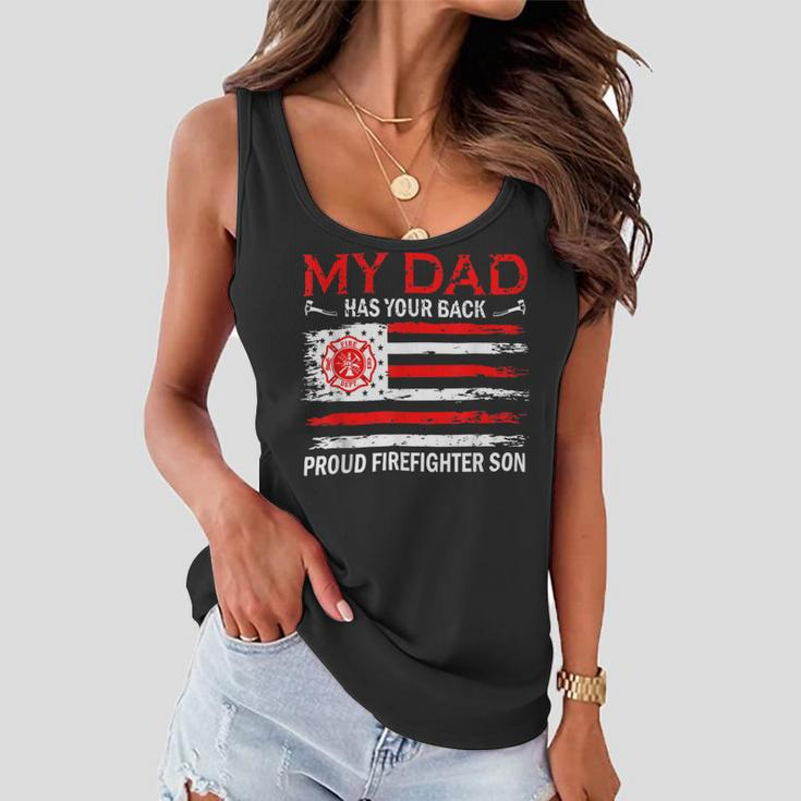 Firefighter Retro My Dad Has Your Back Proud Firefighter Son Us Flag V2 Women Flowy Tank