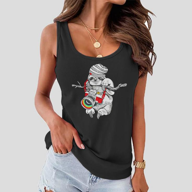 Hipster Sloth With Retro Camera Women Flowy Tank