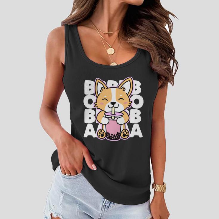 Kawaii Boba Cute Anime Dog Corgi Kawaii Tea Drjnk Dark Women Flowy Tank