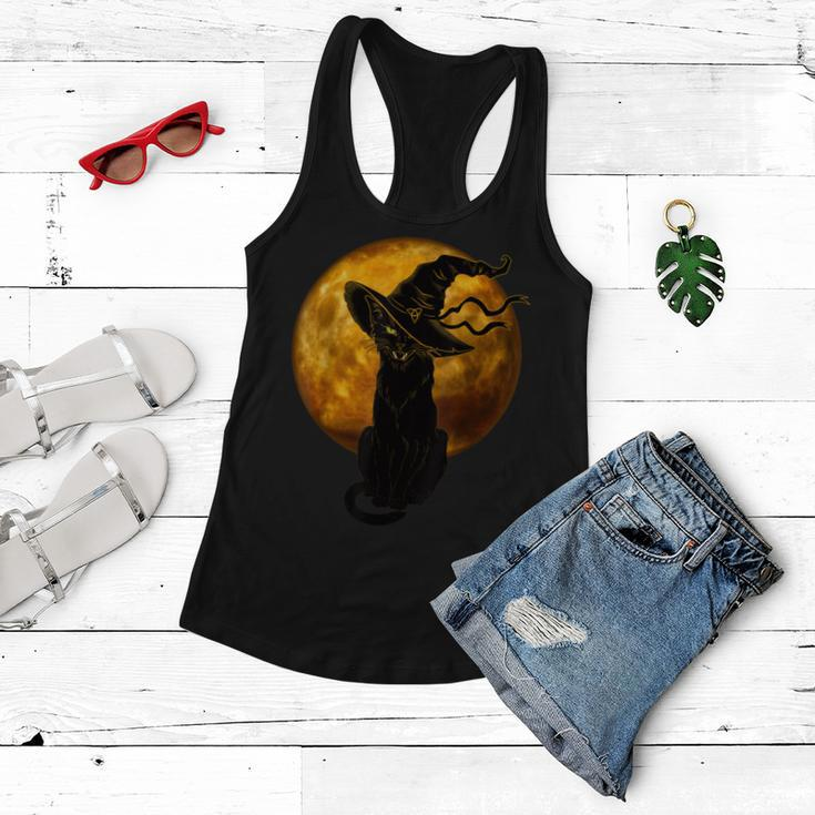 Beautiful Halloween Black Cat With Witch Hat Full Moon - Cat Women Flowy Tank