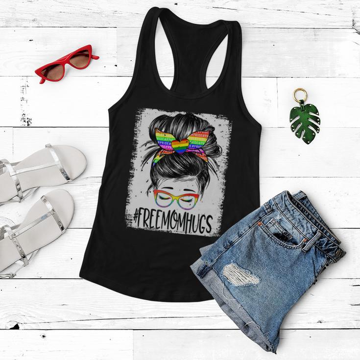 Bleached Free Mom Hugs Messy Bun Lgbt Pride Rainbow Gift Women Flowy Tank