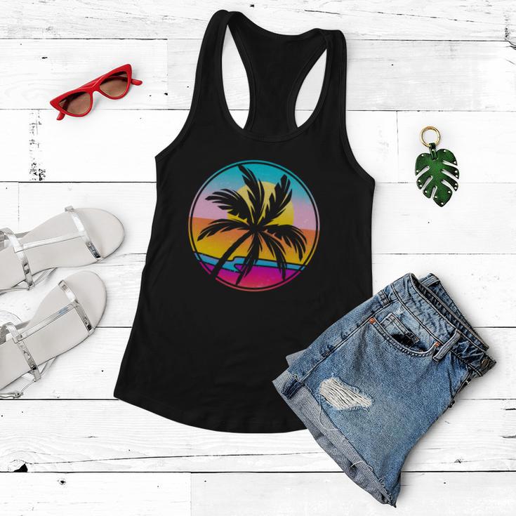 Retro Ocean Sun Palm Tree Emblem Women Flowy Tank